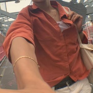 Mid sleeve orange cute button down shirt,